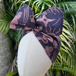 Goddess Linen Wired Headband with Black & Bonze Suns and Snakes | Comfy, Easy and Versatile Wire Head Wraps