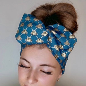 Pañuelo para el pelo con alambre ancho Golden Bee / Diadema con alambre azul marino / Hecho a mano por La Belle Bunny