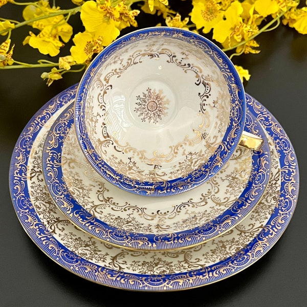 Cobalt blue and gold Johann Seltmann Vohenstrauss teacup trio, Bavaria, elegant tea cup trio, fancy tea lover gift, grandmillennial style