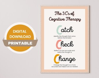 May include: A printable poster with a peach background and the text "The 3C's of Cognitive Therapy" in black. The poster features three circles with the words "Catch", "Check", and "Change" in black. Each circle has a different color: green, pink, and yellow. Below each word is a description of the concept.