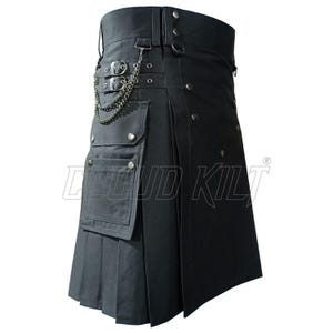 Modischer Kilt, handgefertigter Highland Wear Kilt mit Chromkette, Cargo-Taschen, verstellbare Passform, Baumwolljeans-Stoff, Gothic Kilt für Männer