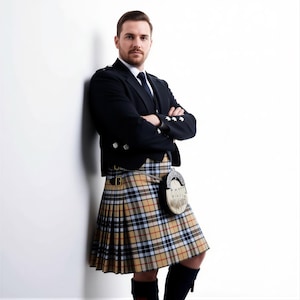 Camel Tartan Kilt: Handcrafted 8 Yard Acrylic, Thompson Pattern | Chrome Buckle, Made To Measure | Durable Warm Mens Utility Kilt