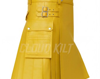 Leather Utility Kilt: Yellow Gothic Style, Adjustable Fit | Premium Cowhide Leather, Double Pockets | Custom Lengths 16-36"