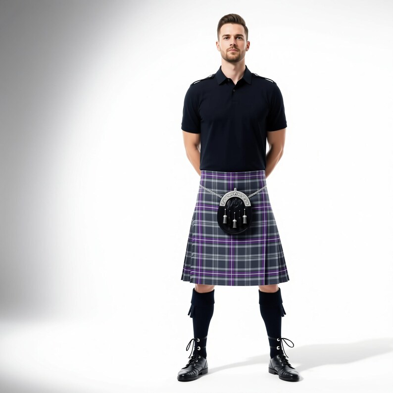 A man wearing a black shirt and a kilt stands with his arms crossed, looking directly at the camera.