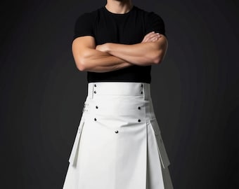White Utility Kilt Cargo Pockets, Custom Fit Design, Durable Cotton (Snap Strap Closures, Made-to-Measure)