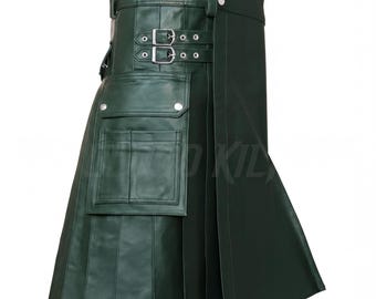 Green Leather Kilt - Unisex Utility Style Side Pockets - Handcrafted Premium Cowhide, Adjustable Fit, Casual & Biker Wear