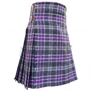 A purple and gray plaid kilt with a high waist and a drawstring waistband.