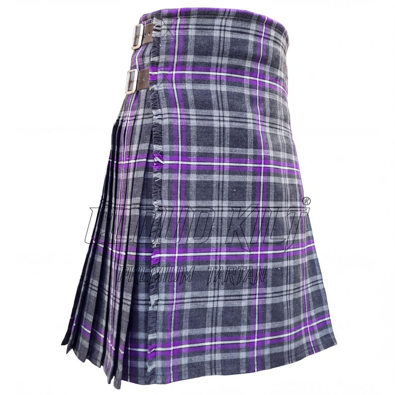 A purple and gray plaid kilt with a high waist and a drawstring waistband.