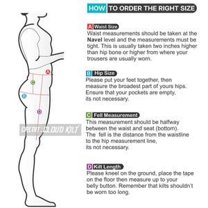 Measurement instructions for personalized kilts, ensuring a perfect fit for wearing with a kilt belt and sporran at the navel.