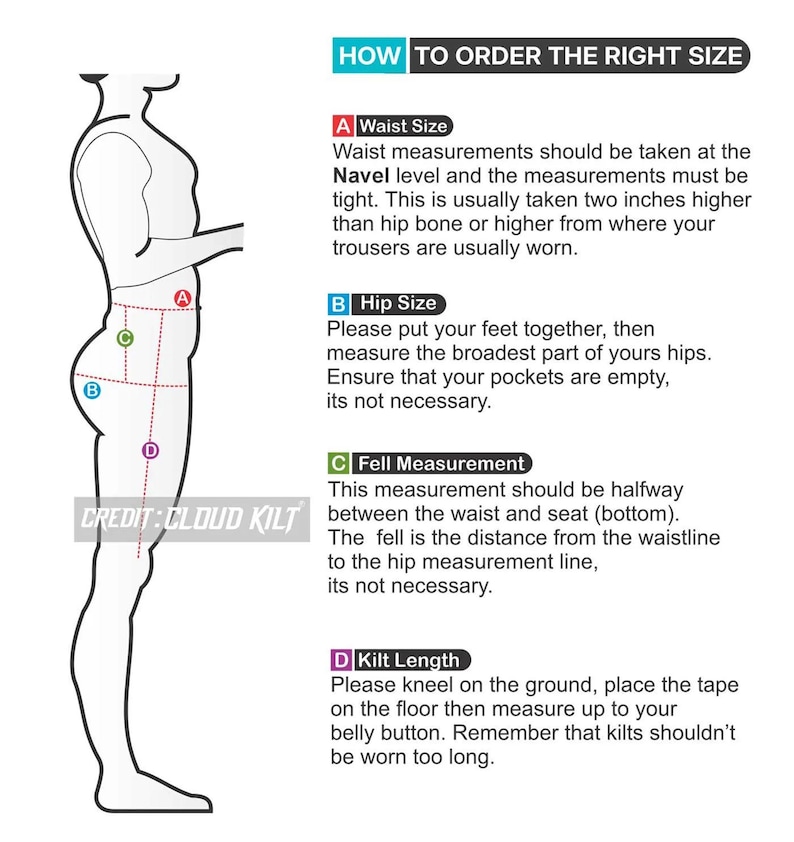 Measurement instructions for personalized kilts, ensuring a perfect fit for wearing with a kilt belt and sporran at the navel.