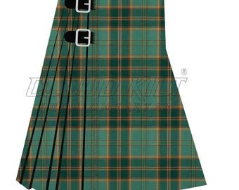 All Ireland Green Tartan Kilt Handmade: Classic Knife Pleats - Acrylic Material, Custom Made, Formal and Clan Gathering Attire