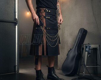 Gothic Utility Kilt: Brown and Black Cargo Style Pockets - Cotton Fabric, Custom Fit, Durable Outdoor Wear