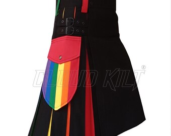 Mens Rainbow Kilt - Casual Wear Cargo Pockets - Made To Measure Cotton Jeans, Adjustable Snap Buckles, Durable Rust-Free Hardware