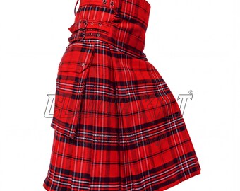 Scott Red Modern Tartan Kilt Handcrafted, Cargo Style Pockets (Made To Measure, Acrylic Fabric, Leather Straps)