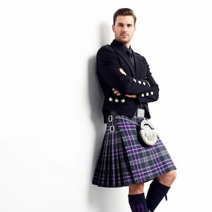 A purple and gray plaid kilt with a high waist and a drawstring waistband.