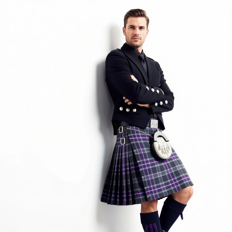 A purple and gray plaid kilt with a high waist and a drawstring waistband.