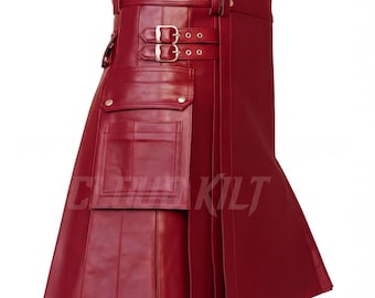 Leather Kilt For Men Utility Style, Burgundy, Adjustable Waist (Dual Straps, Rust Proof Buckles, Premium Leather)