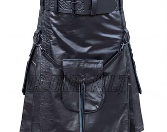 Black Scottish Style Leather Kilt: Vibrant Black Finish - Handcrafted Cowhide, Adjustable Fit, Festival and Biker Wear