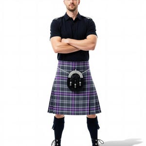 A gray and purple plaid kilt with a high collar and a split front, displayed against a white background.