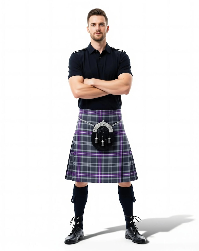A gray and purple plaid kilt with a high collar and a split front, displayed against a white background.