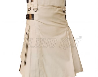 Light Khaki Cargo Kilt Utility Style, Handcrafted with Cargo Pockets (Custom Fit, Durable Cotton Jeans
