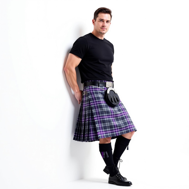 A purple and gray plaid kilt with a high waist and a drawstring waistband.