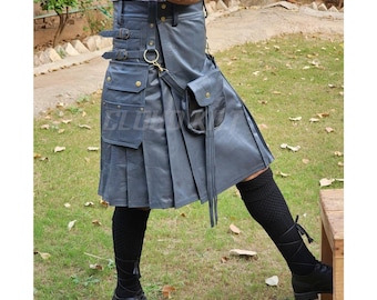 Grey Leather Kilt Durable Craftsmanship: Scottish Highland Inspired, Genuine Cowhide (Custom Sizing, Utility Pockets, Unisex)