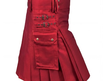 Red Utility Kilt - Handcrafted Cotton Cargo Pockets - Snap Strap Closures, Custom Fit, Outdoor Casual or Workwear