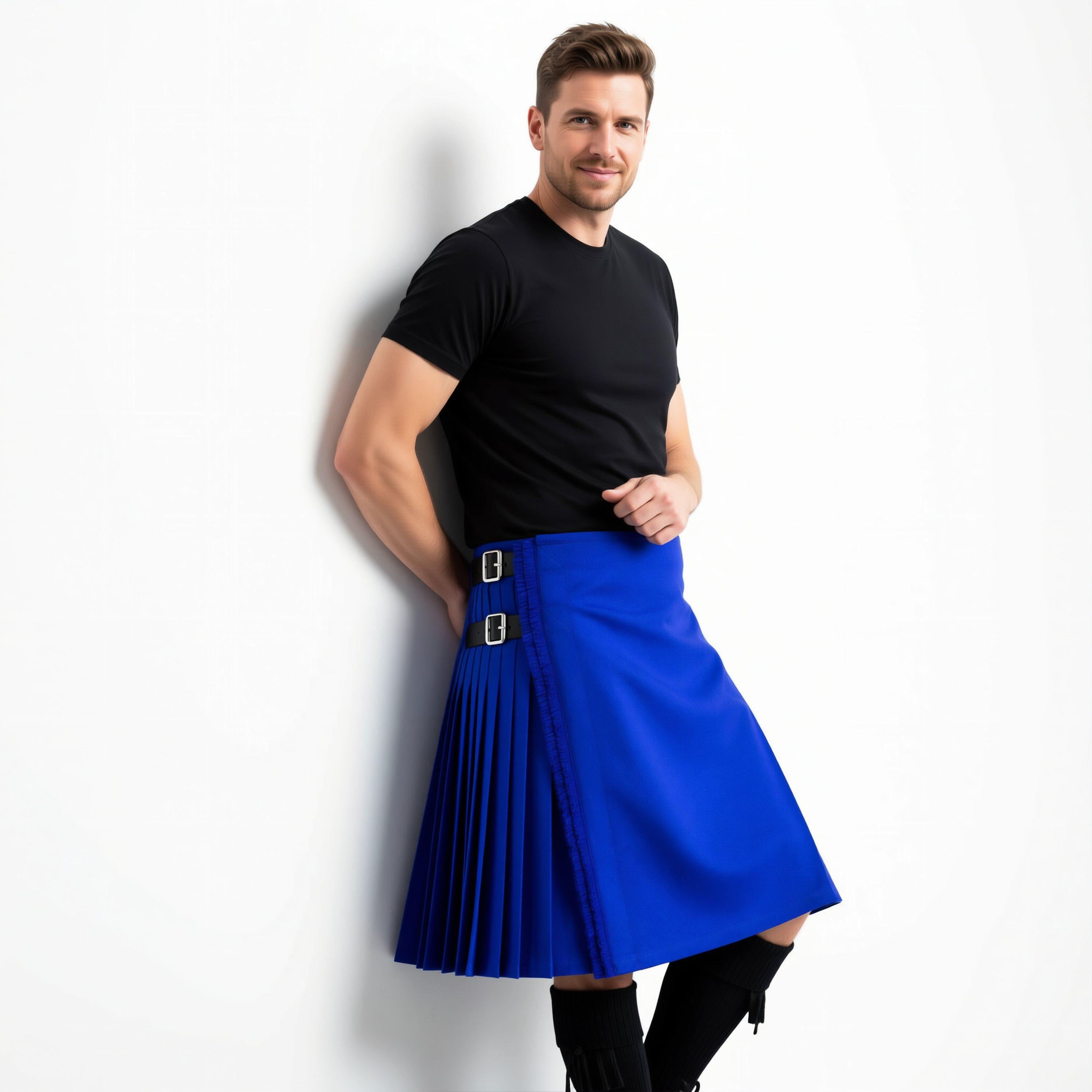 Royal Blue Tartan Kilt For Men Traditional Scottish Outfit, Sharp Knife Pleats (Custom Sizes, Durable Acrylic Wool, Leather Straps)