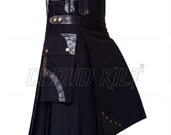 Black Utility Kilt: Handcrafted Cotton Design - Cargo Pockets, Snap Strap Closures, Made-To-Measure Fit