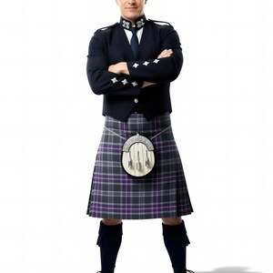 A gray and purple plaid kilt with a high collar and a split front, displayed against a white background.