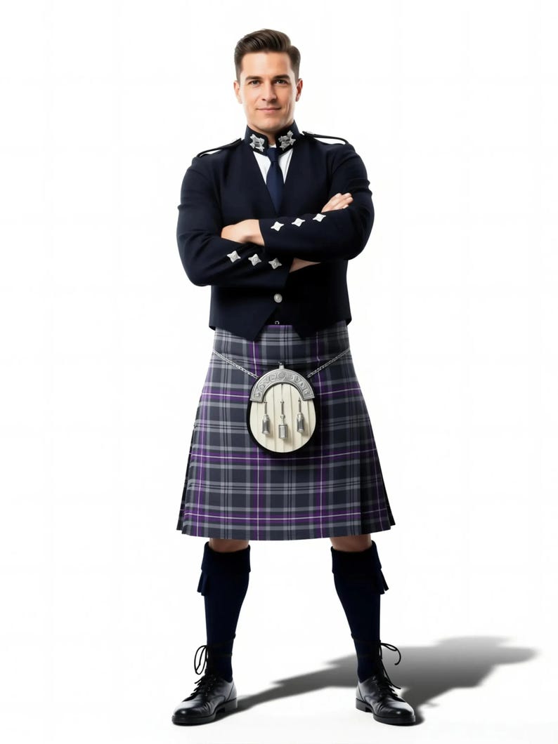 A gray and purple plaid kilt with a high collar and a split front, displayed against a white background.