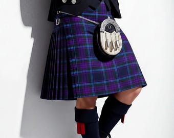 Kilt artesanal - Tartan Highland de 8 jardas - Ajuste personalizado, fivela de couro, material acrílico para eventos formais