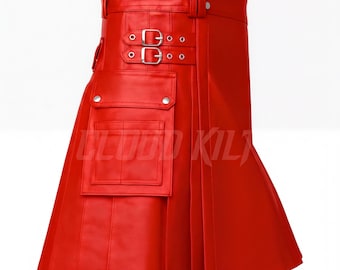 Utility Leather Kilt - Highland Style Men’s Adjustable Red Kilt - Genuine Cowhide, Durable, Festival and Casual Fashion