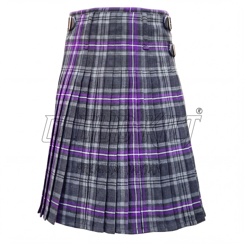 A gray and purple plaid kilt with two buttons on the waistband.