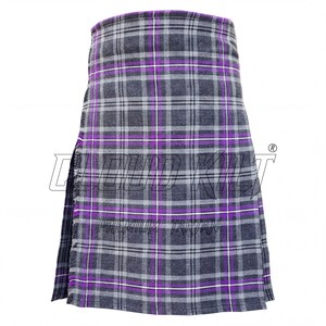 A gray and purple plaid kilt with a high collar and a drawstring waist.