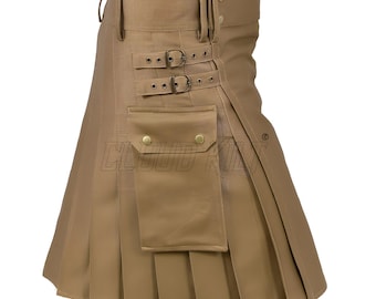 Utility Kilt Khaki Cotton Cargo: Custom Fit Casual Wear, Mobile Pockets (Snap Strap Closures, Durable Cotton Fabric)