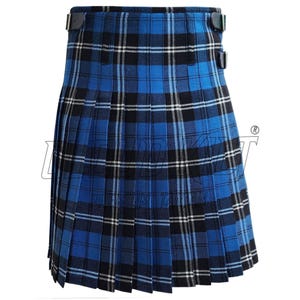 Sharp knife pleats on an 8-yard Ramsay Blue kilt paired with matching kilt hose and flashes for an authentic Scottish silhouette.
