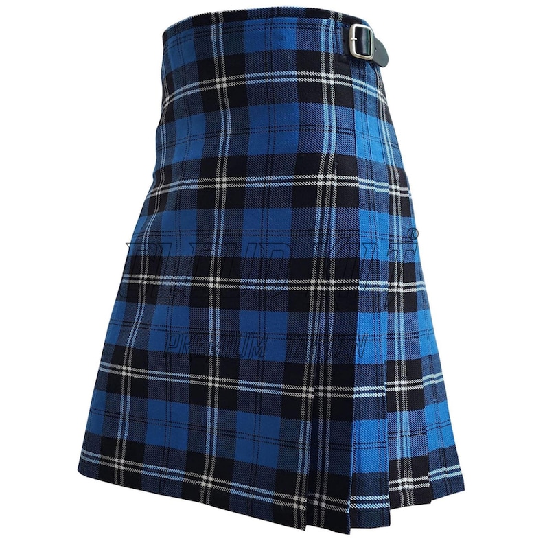 Close-up of Ramsay Blue tartan weave with a traditional Glengarry hat, highlighting the rich blue and white heritage pattern.