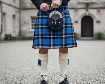 Ramsay Blue Kilt: Royal Blue Tartan Design - Handcrafted 8-Yard Traditional Scottish Outfit, Leather Strap, Chrome Buckle