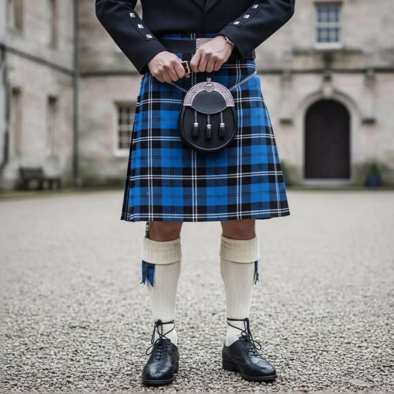 Ramsay Blue Kilt: Royal Blue Tartan Design - Handcrafted 8-Yard Traditional Scottish Outfit, Leather Strap, Chrome Buckle