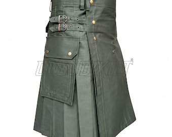 Men's Utility Kilt - Festival Wear Cotton Kilt - Olive Green, Cargo Pockets, Adjustable Snap Straps,  Comfort