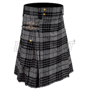 Grey Watch Tartan Utility Kilt, Custom Fit Cargo Style Pockets (Made To Measure, Durable Acrylic Wool, Comfortable Wear)