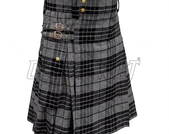 Grey Watch Tartan Utility Kilt, Custom Fit Cargo Style Pockets (Made To Measure, Durable Acrylic Wool, Comfortable Wear)