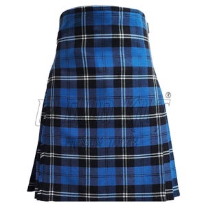 Ramsay Blue Tartan Kilts for men, styled with a traditional dress sporran and kilt belt for a full formal highland look.