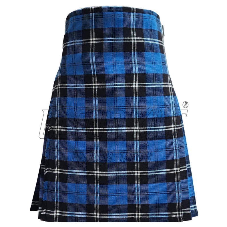 Ramsay Blue Tartan Kilts for men, styled with a traditional dress sporran and kilt belt for a full formal highland look.