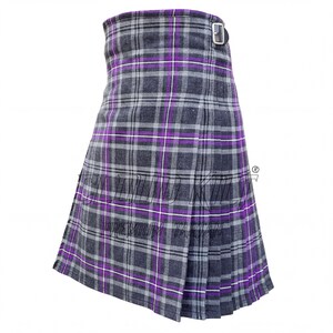 A purple and gray plaid kilt with a metal buckle detail.