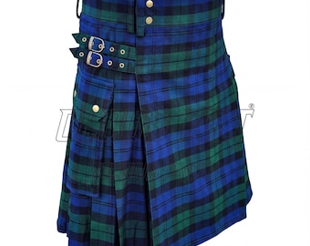 Black Watch Tartan Kilt Cargo, Tailored Fit with Utility Pockets (Made-To-Measure, Premium Acrylic Fabric, Highland Dress and Casual Wear)