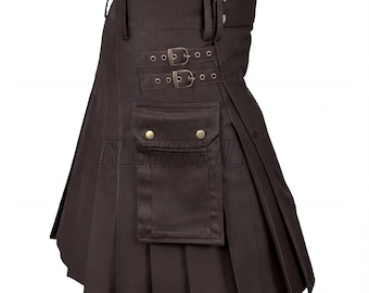 Men's Utility Kilt: Dark Brown Cotton Cargo Style, Adjustable Snap Closures | , Durable Comfort |