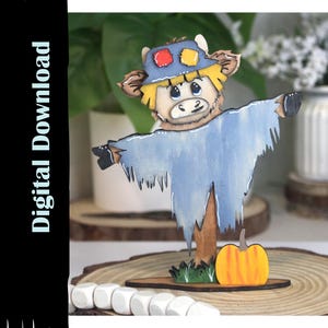 Cute Highland Cow Scarecrow, Shelf Sitter, Digital Download, Laser ready for 1/8 inch, 3mm wood, SVG.